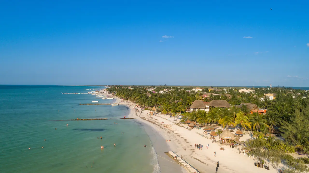 Aerial view of Holbox beach and town